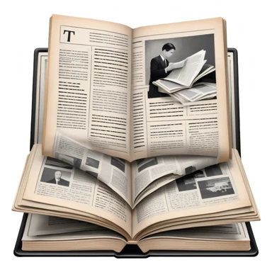 Icon for Non-Fiction & Narrative Reading: an open book with black-and-white photos on the pages, surrounded by a pile of newspaper clippings, and an open folder with top-secret documents. The icon should reflect the blend of real stories and facts in non-fiction literature. Transparent background. sticker