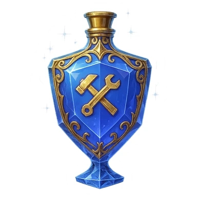 crystal luxurious elixir bottle in shield shape, color #7986cb, with 🛠 symbol on the bottle, lots of shining, edges, ornaments, golden details, magical effects, very small golden neck, transparent background, beautiful seamless bottom, bottle clearly floating in air, no base or shadow, very luxurious, modern, matching a collection sticker