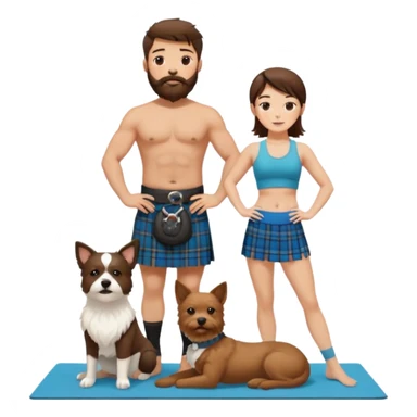 emoji of brunette man with beard wearing kilt, brunette woman in yoga outfit and one white fluffy dog sticker