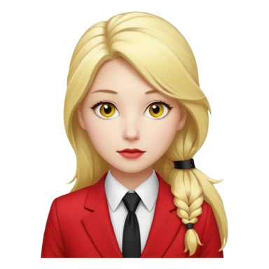Woman with porcelain white skin, thick blonde hair that's in a thick, long ponytail, has a black tipped nose, yellow scleras, red pupils, and a red suit with a black tie. sticker