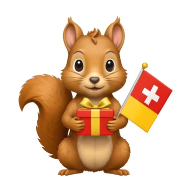 realistic squirrel holding a yellow gift box in one hand and a red Swiss flag in the other, both objects clearly visible, simple white background, the gift is a different color from the flag sticker