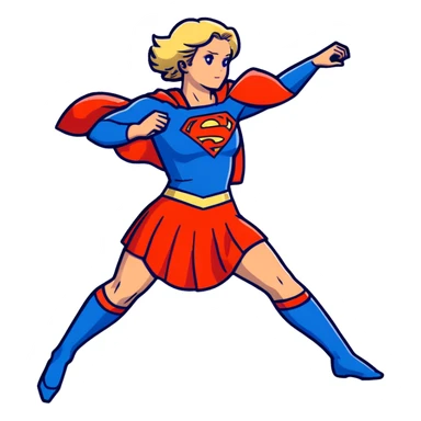 Supergirl in classic costume, full body view showing blue tights, red skirt, and cape with S symbol sticker