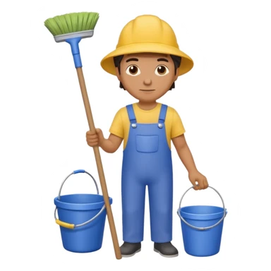 man in cleaning clothes, holding a broom and a bucket sticker
