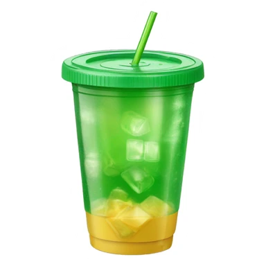 Realistic plastic cup and lid with green soda and large ice cubes inside and straw through the top of the lid. sticker