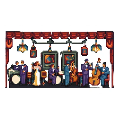 1940s jazz nightclub scene, pixel art style, no text sticker