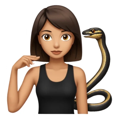 Femme brune yeux marron avec une coupe carré noir qui descend sur l'épaule , femme couleur de peau typé, avec un cobra a côté , débardeur noir sticker