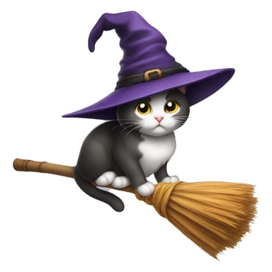 Cat wearing witch hat, sitting on a broom stick sticker