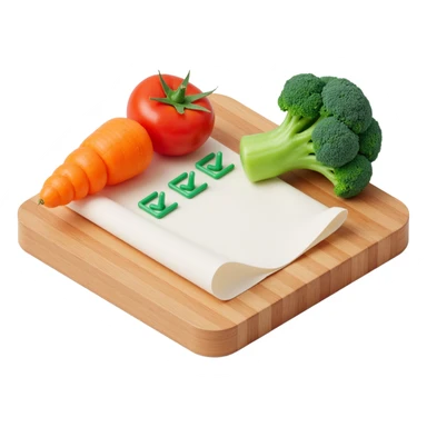 carrot tomato brocoli on the wooden cutting board with floating rolled paper list with green checkboxes sticker
