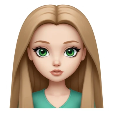 pretty bratz girl, long straight light brown hair, jade green eyes, black eyeliner, pale skin, dark feminine aesthetic sticker