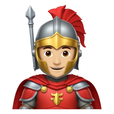 A friendly Trojan warrior mascot with a large cartoon-style head, wearing a silver helmet with a red crest and black cheek guards. confident smile. The character wears dark armor with metallic details and a bright yellow cape sticker