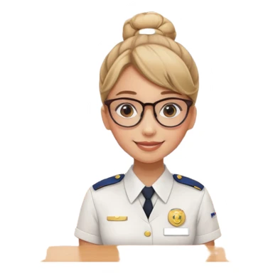 Reception Young girl, bun hair, wearing uniform of reception with hotel name badge, glasses, stand behind the desk

 sticker