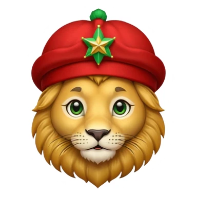 Cute lion face emoji with golden fur, big round eyes, and a friendly expression. Wearing a red Moroccan fez hat with a green star on the front and a small black tassel on the side sticker
