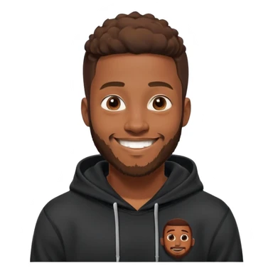 African yound man in his late 20s with a  bright smile with a short boxed beard, black hoody in Pixar cartoon style sticker