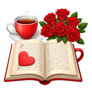 Icon for Romance Reading: an open book with a heart-shaped bookmark, surrounded by roses, a love letter, and a cup of tea. The icon should evoke the warmth, passion, and emotional depth of a love story. Transparent background sticker