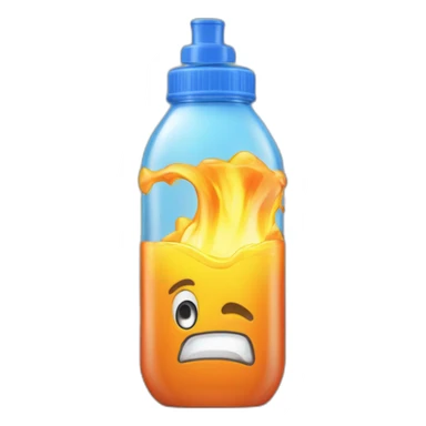 plastic bottle with blue cap, and detitle being SLAP in blue color with a yellowish cartoony fire on the background and the juice being orange sticker