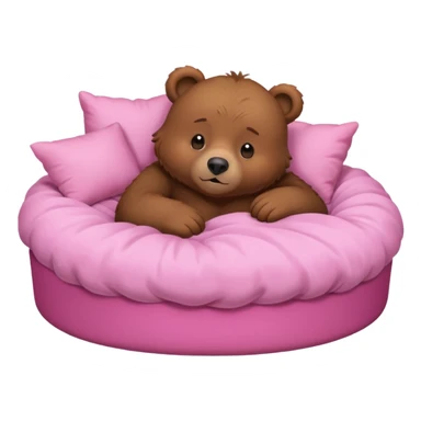 A cute brown bear in a pink bed, tucked in and looking forward, trying to fall asleep. sticker