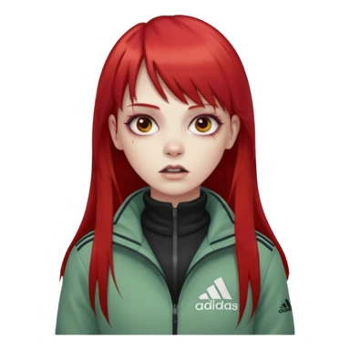 Crie um emoji de uma menina zumbi  com o cabelo vermelho longo com uma franja reta casaco de gola alta da adidas sticker