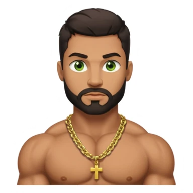green eyes, dark short hair, muscular shoulders, wide cross, gold chain, big lips big nose big eyes, masculine good looking, dark beard, muscular strong looking sticker