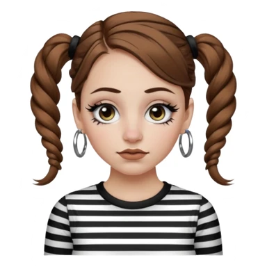 a white girl with brown hair in very low pigtails black eyeliner big false eyelashes with a septum piercing nose piercing big hoop earings dermals close to the eyes one on each side wearing a black and white striped long sleeve shirt sticker