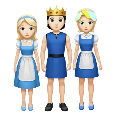 King, black hair, body, legst, blue eyes, blue garmont,  shoes, maid blonde hair, green eyes, sexy short sleveless White dress, shoes sticker