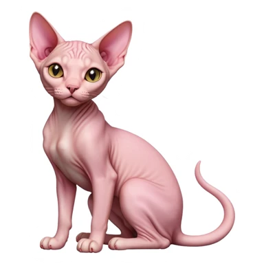 cinematic-[sphynx cat]-realistic-full-body-sitting-emoji,-tail-curled-playfully-around-its-paws,-head-tilted-dramatically,-sleek-[pink]-skin,-simplified-yet-realistic-focused-features,-highly-detailed,-glowing-with-an-almost-sarcastic-glow sticker