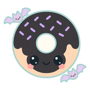 kawaii style gothic donut, happy expression, black icing, purple sprinkles, cartoon bat details, sweet and spooky sticker