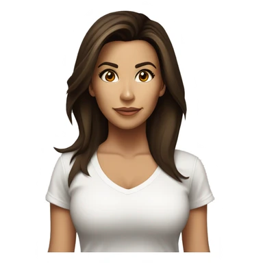 3/4 face, contrasted, shadow, light, Eva Longoria expression, standing, thin nose, brunette woman, hazel eyes, long eyelashes, dark shoulder shaded hair, white t-shirt, jeans, white sneakers sticker