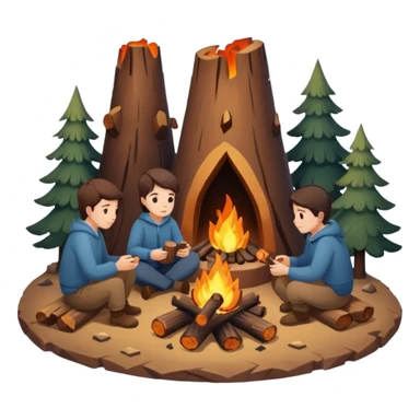 A cozy campfire emoji with two logs and glowing embers, with subtle human silhouettes sitting around. Warm tones, minimal flat emoji style, white background. sticker