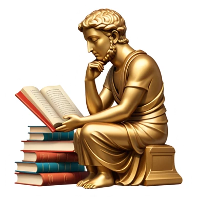 An icon featuring a thinker statue, a scroll, symbolizing philosophy. The design includes books and abstract symbols representing deep thought and wisdom. Transparent background highlights the study of ideas, logic, and existential questions sticker