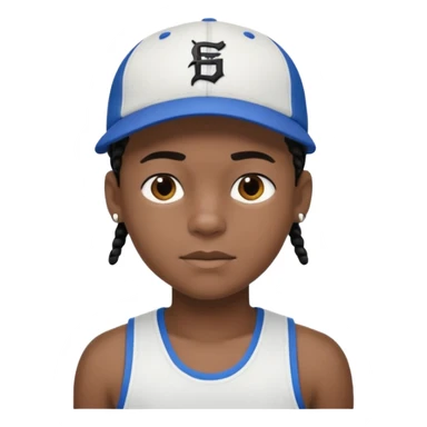 Black boy, 14, black cornrows, sports tank top, baseball cap sticker