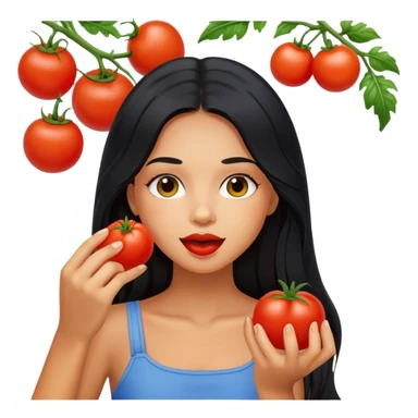 Pretty tanned girl with long black hair, eating tomatoes sticker
