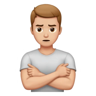 man angrily crossing arms holding neck sticker