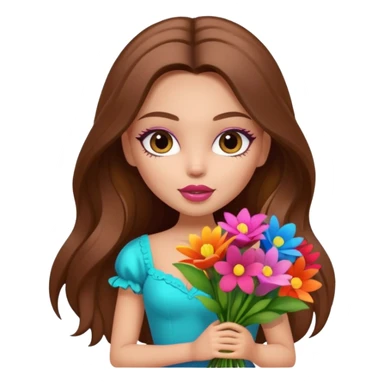 stylish pretty bratz baddie, long brown hair holding big bouet of flowers  sticker
