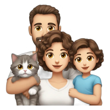 Family with dad with brown eyes and short dark hair, mother with blue eyes and curly brown hair, baby older 5 months, one Persian cat sticker