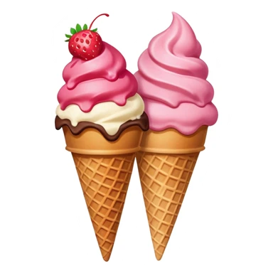 two scoops strawberry and chocolate ice cream in a waffle cone, vibrant colors sticker