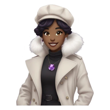 black hair, pale skintone, long messy hairstyle, beret hat, purple eyes, smile, long black trench coat with white fur around the neck, purple crystal earrings, purple crystal necklace sticker