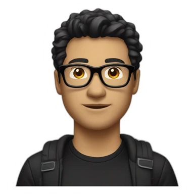 A man with black hair, wearing black glasses, a black T-shirt, black pants, and a white coach  sticker