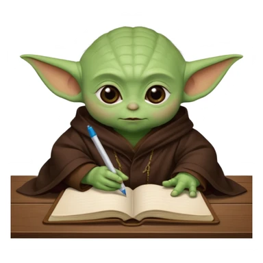 Baby Yoda con su tunica chocolate escribiendo en un cuaderno sobre un escritorio sticker