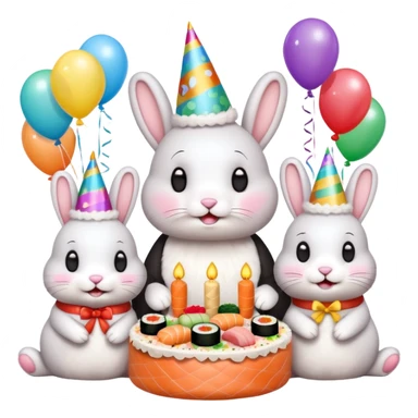 four bunnies together eating sushi at a birthday party, festive, colorful, party hats, birthday decorations, confetti, balloons, sushi platters, birthday cake, playful, varied poses, emoji style, all four bunnies clearly visible sticker