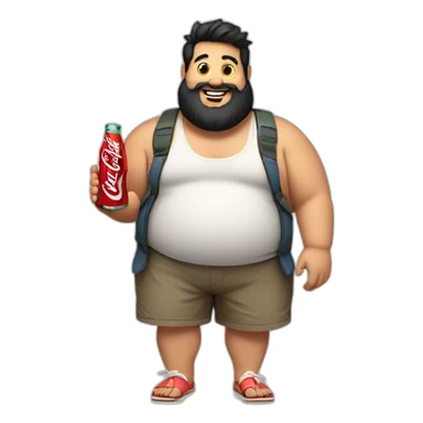 fat man in shorts and flip flops, black hair and beard holding a bottle of Coca-Cola sticker