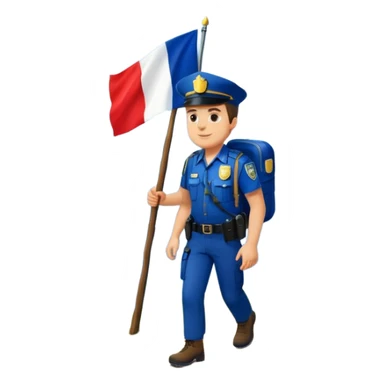 Adventurous man hiking with a police badge with mountains in the background. The French flag is on a tree sticker