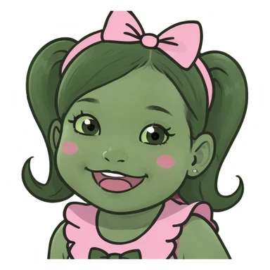 Baby girl with black hair and pigtails wearing pink bows with stars in the middle rosy cheeks and closed mouth smile  sticker