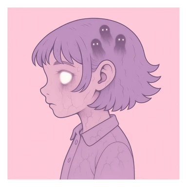 Add more horror details to this pastel horror profile picture, keep it cute, expressive, and minimal, in the style of imagen-4-fast (soft pastel colors, subtle horror elements, minimalistic and cute expression) sticker