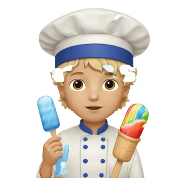 boy blonde curly hair, chef, eating blue ice pop sticker