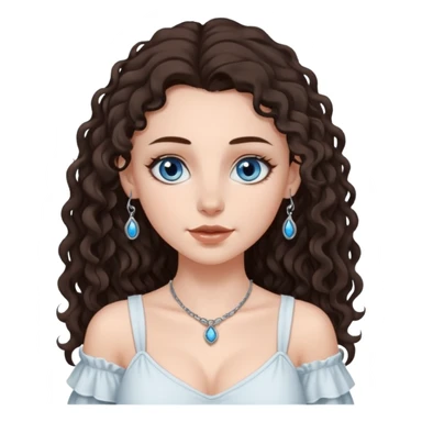 white girl, dark brown long slightly curly hair , skinni but with big breast , septum piercing on nose, beautiful dark gray-blue eyes, in white dress sticker