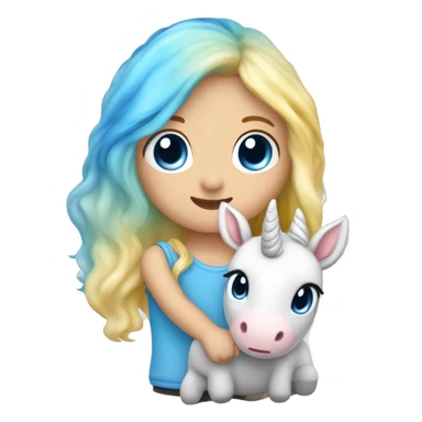 Kleinkind mit blauen Augen und blondem Haar mit einem Einhorn Kuscheltier in der Hand  sticker