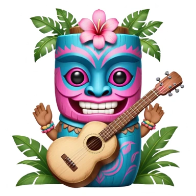 Pixar style little Blue and pink tiki singing with bongos and tropical flowers, ultra detailed and lifelike imagery, realistic sticker
