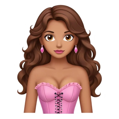 Une femme à la peau mat et aux cheveux long, châtain et ondulé. Elle a les yeux marron et elle est maquiller, elle porte un corset rose.  sticker