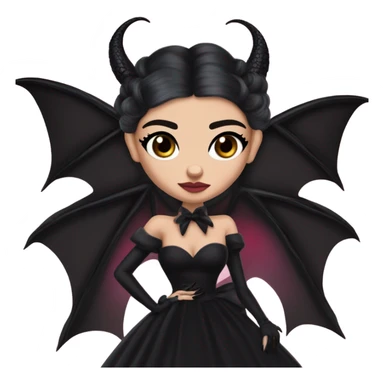 low cut back black evening gown with see-through gloves, Jenna Ortega as Addams woman prom queen wearing a mini tiara, very large blood  pink evil-looking horned old dragon companion sticker