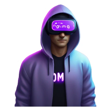Russian man wearing a black hoodie with "OMG" letters on it and VR headset in a cyberpunk VR environment with violet neon lighting. sticker